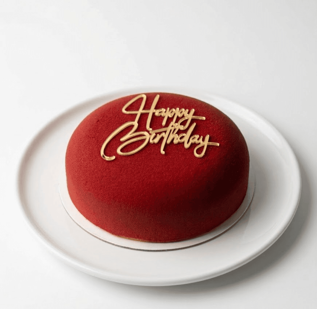 Red velvet bento cake with gold Happy Birthday topper