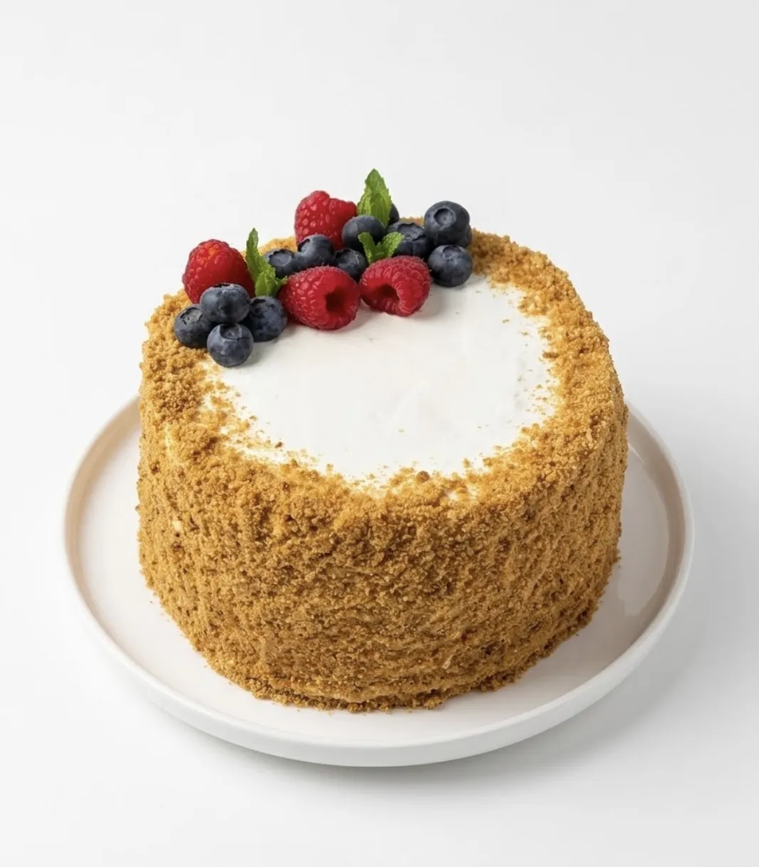 Classic honey crumb cake topped with fresh raspberries, blueberries and mint — Juliia Sweet Miami custom order