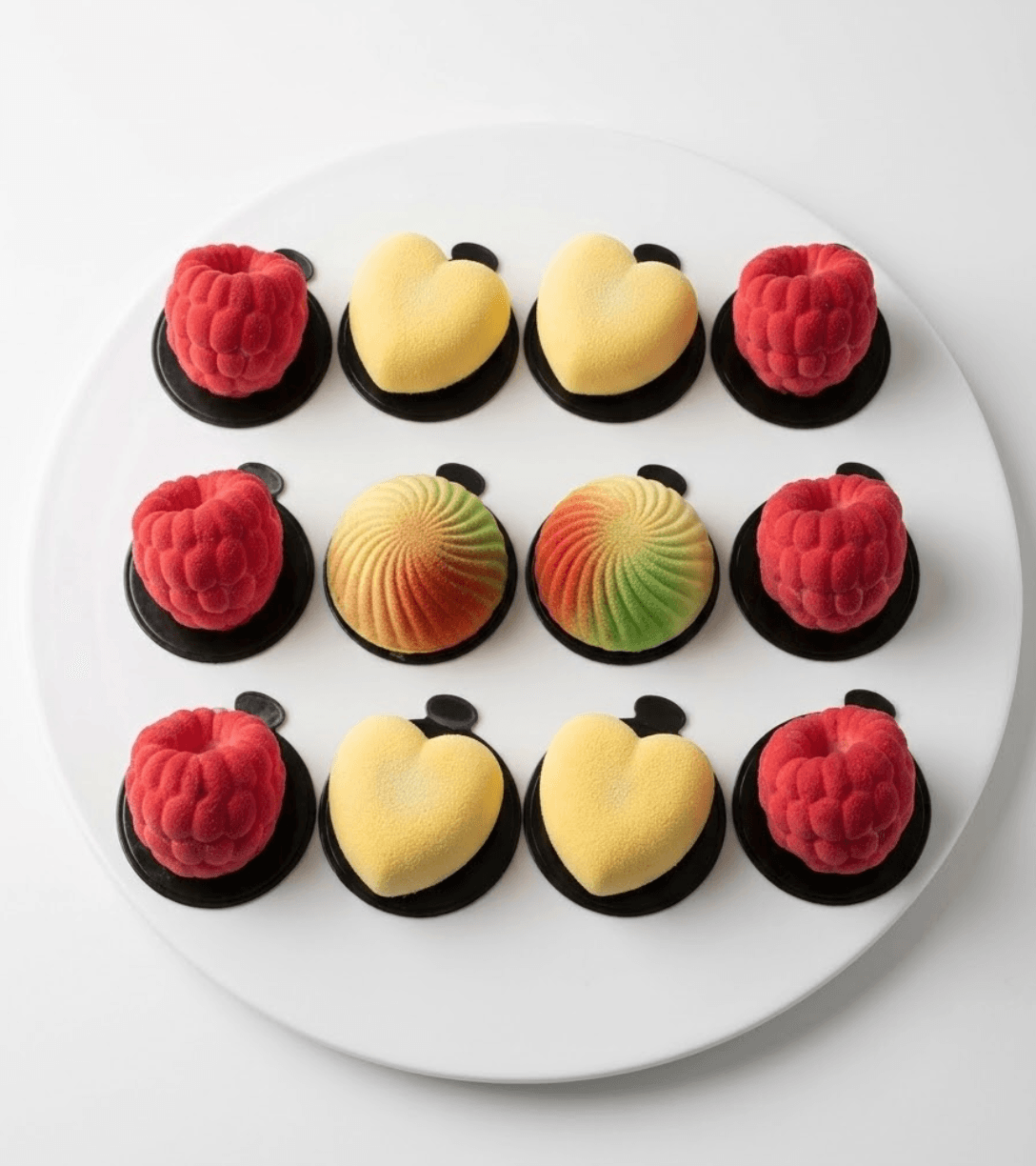 Assorted mousse desserts with berries and hearts — pastry art
